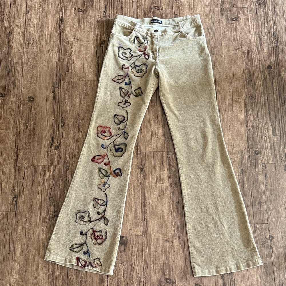 Rare Vintage Bebe Flower Embroidered Corduroy Flare Pants